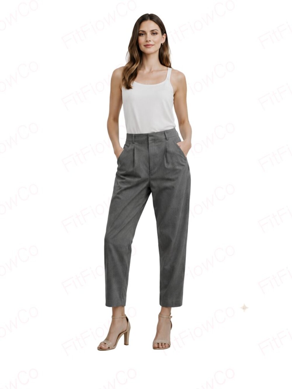 MANGO High Waist Olive Gray Chino Pants Straight Leg Pleated Front US 8 / EU 40